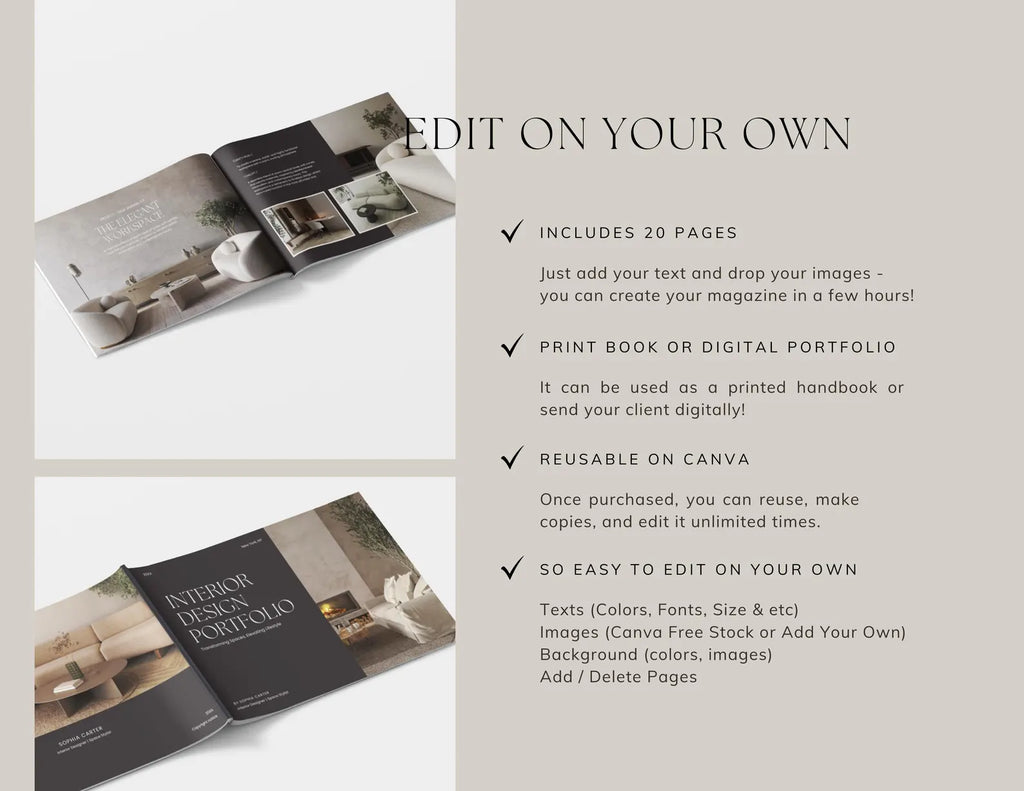 Portfolio Template for Interior Designer | Canva Template For Interior Design Presentation | Brouchure with minimal, modern and clean design